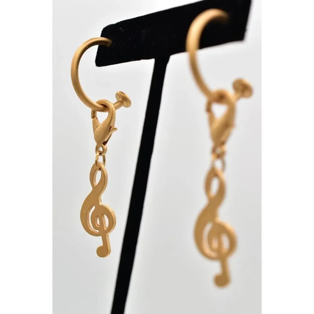 Vintage Treble Clef Earrings Dangle Brushed Gold Music Note Chunky NOS 80s BinBK
